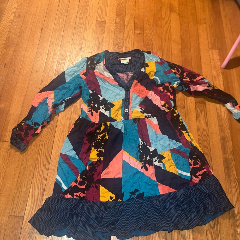 Anthropologie Multicolor Geometric Long Sleeve Dress - Teal, Pink, Yellow, Navy